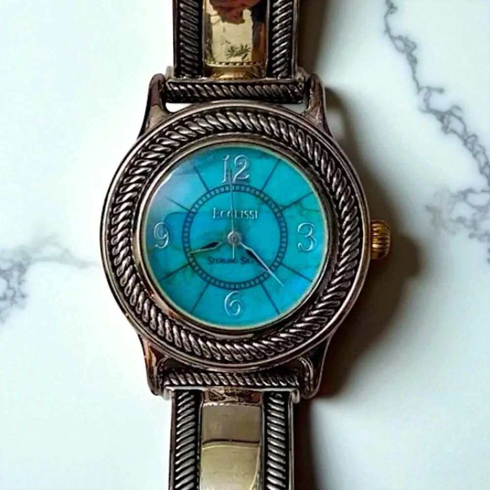 Vintage Ecclissi Southwestern Sterling Silver Brown Embossed Croc Leather Watch